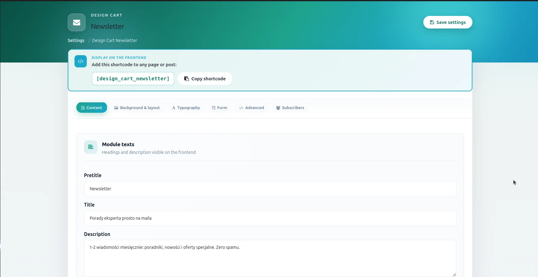 Screen: zakładka "Content"