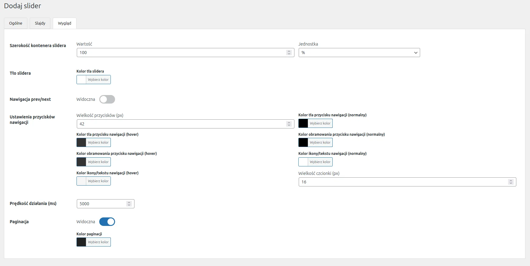 Zakładka wygląd slidera