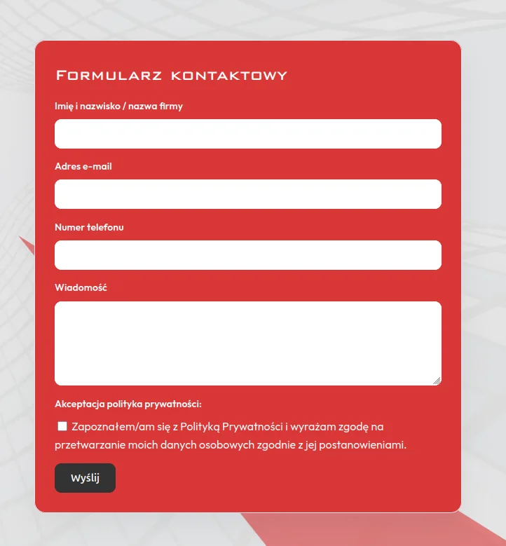 Screen: formularz kontaktowy utworzony w Design Cart Contact Form na stronie GragHal