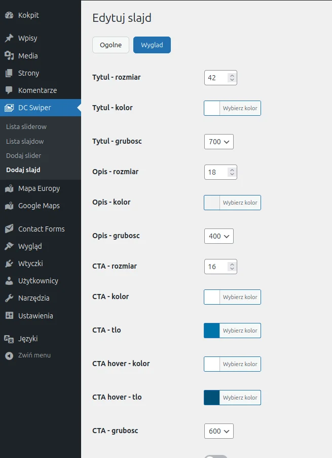 SCREEN: Slajd — Wygląd: rozmiary, kolory, wagi, uppercase CTA