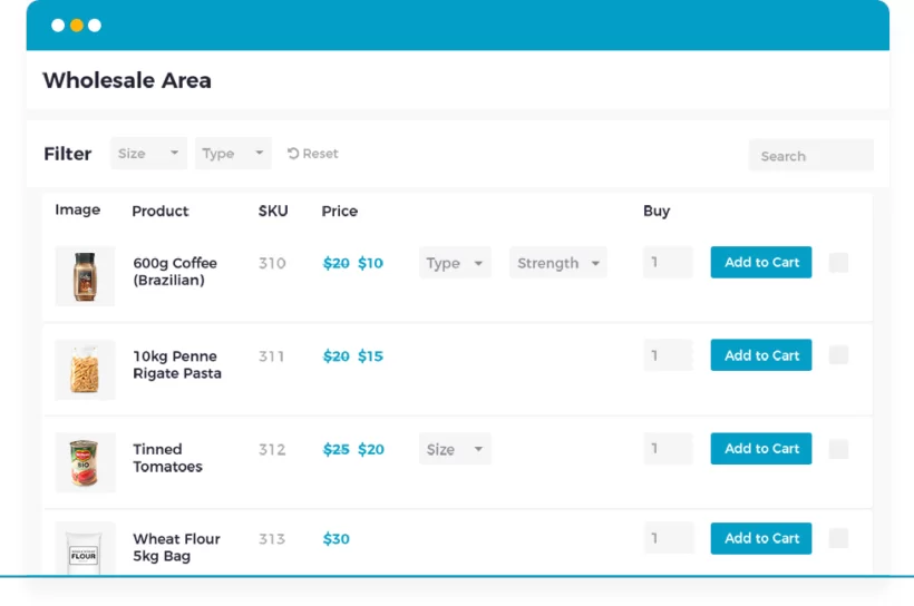 Widok tabeli rozszerzonej wersji WooCommerce Wholesale Pro + Table