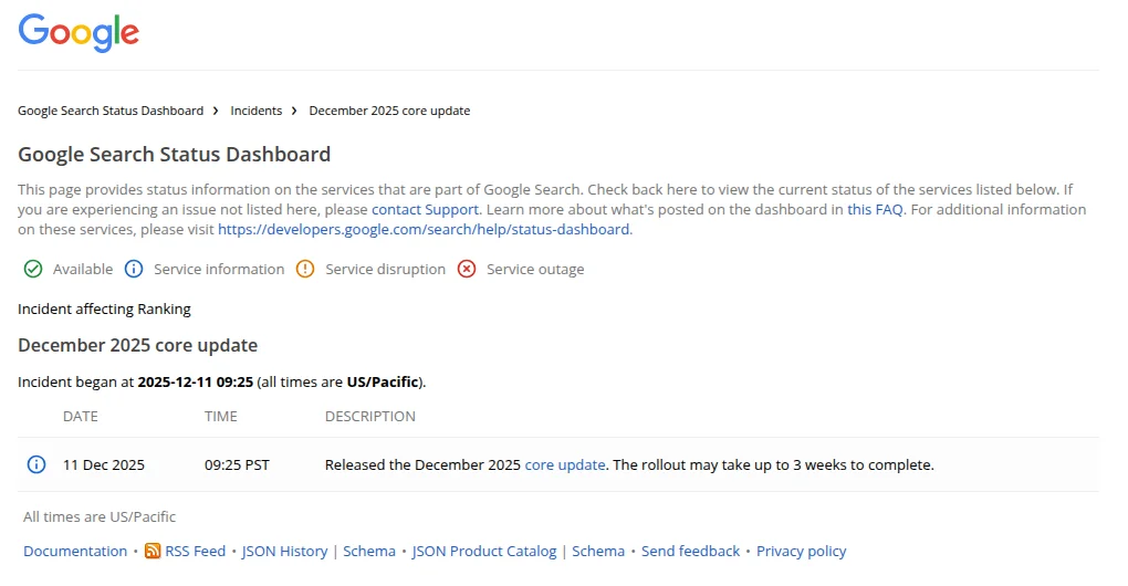 Screen:informacja na stronie Google o rozpoczęciu core update