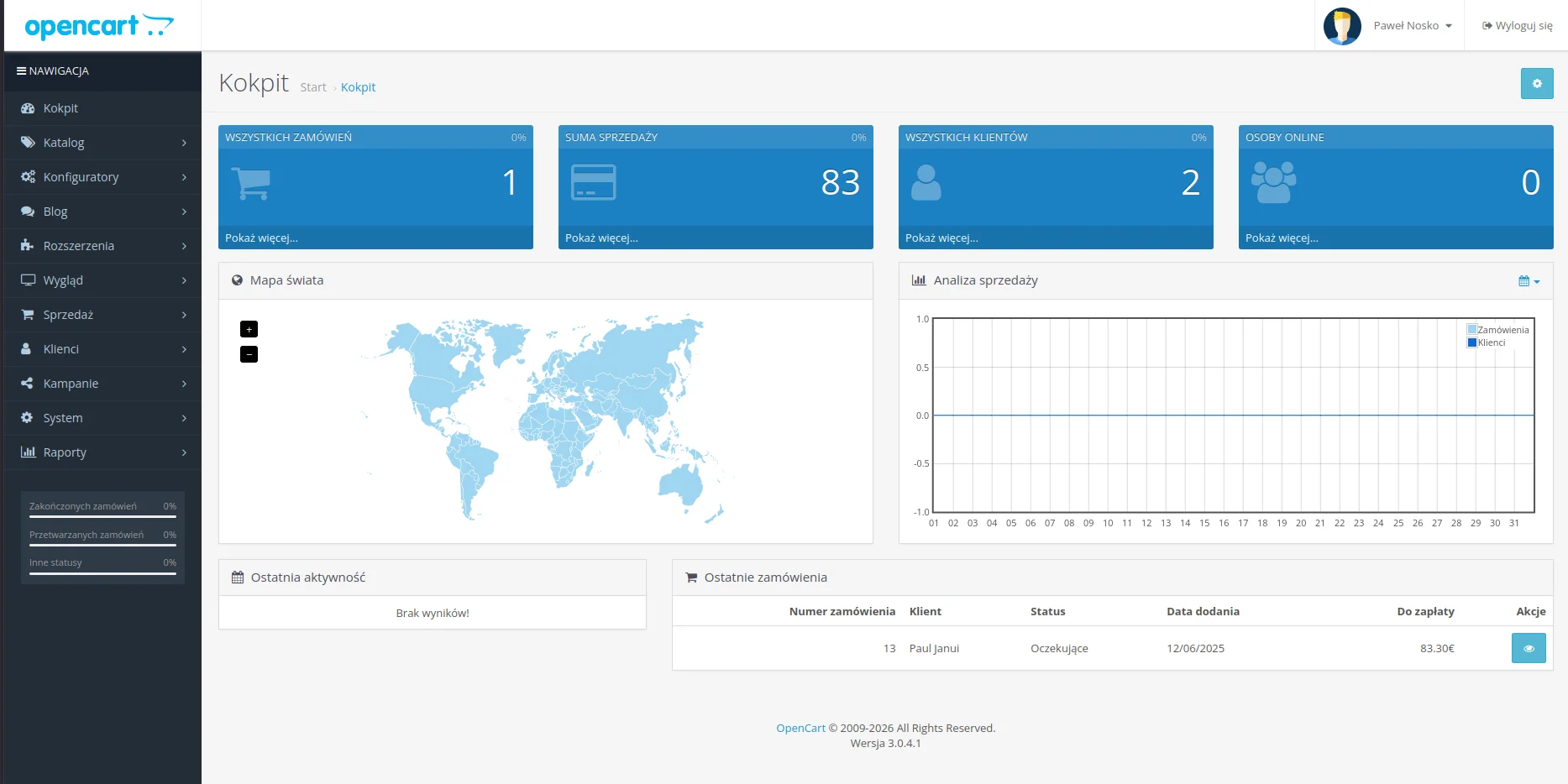 Screen: panel administracyjny sklepu Opencart