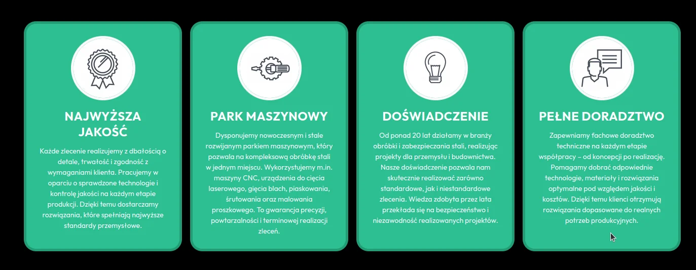 Screen prezentujący wygenerowaną sekcję mocnych stron firmy za pomocą DC FeaturedBoxes