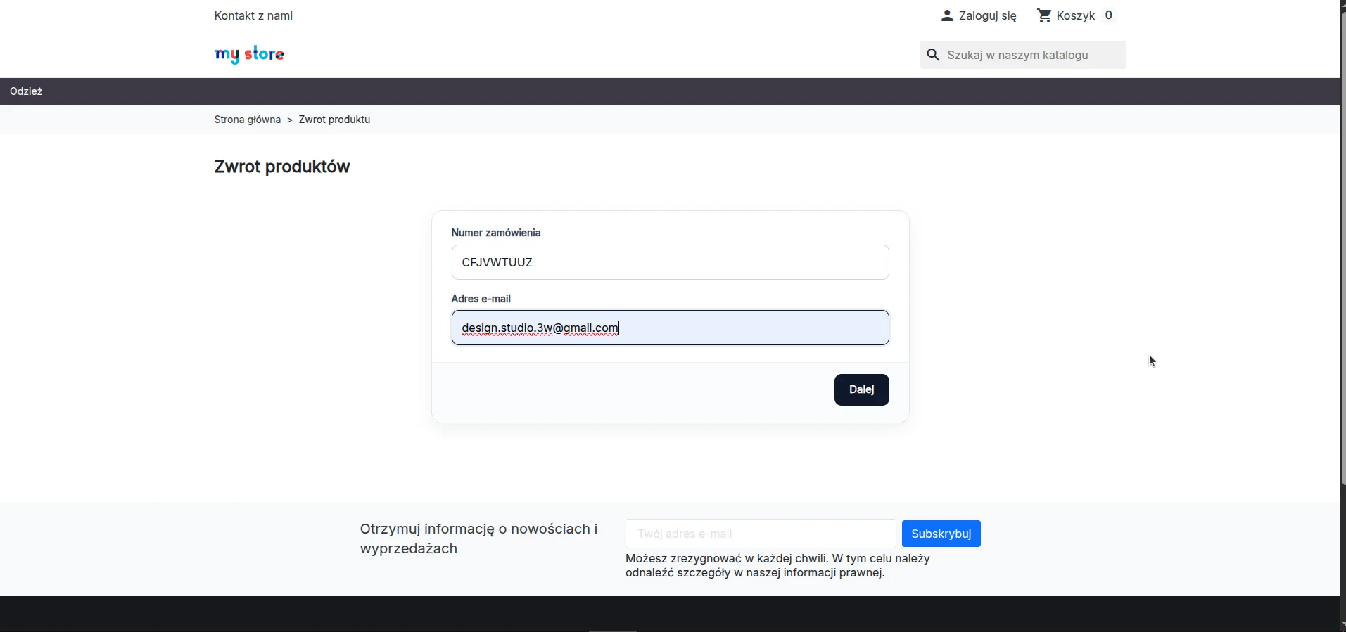 Screen z naszego modułu DC One Click Return: formularz z polem na wpisanie numeru zamówienia i adresu e-mail