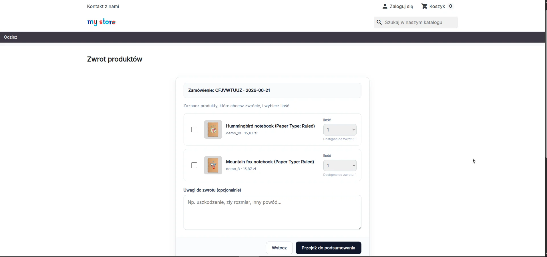 Screen z naszego modułu DC One Click Return: lista produktów z danego zamówienia