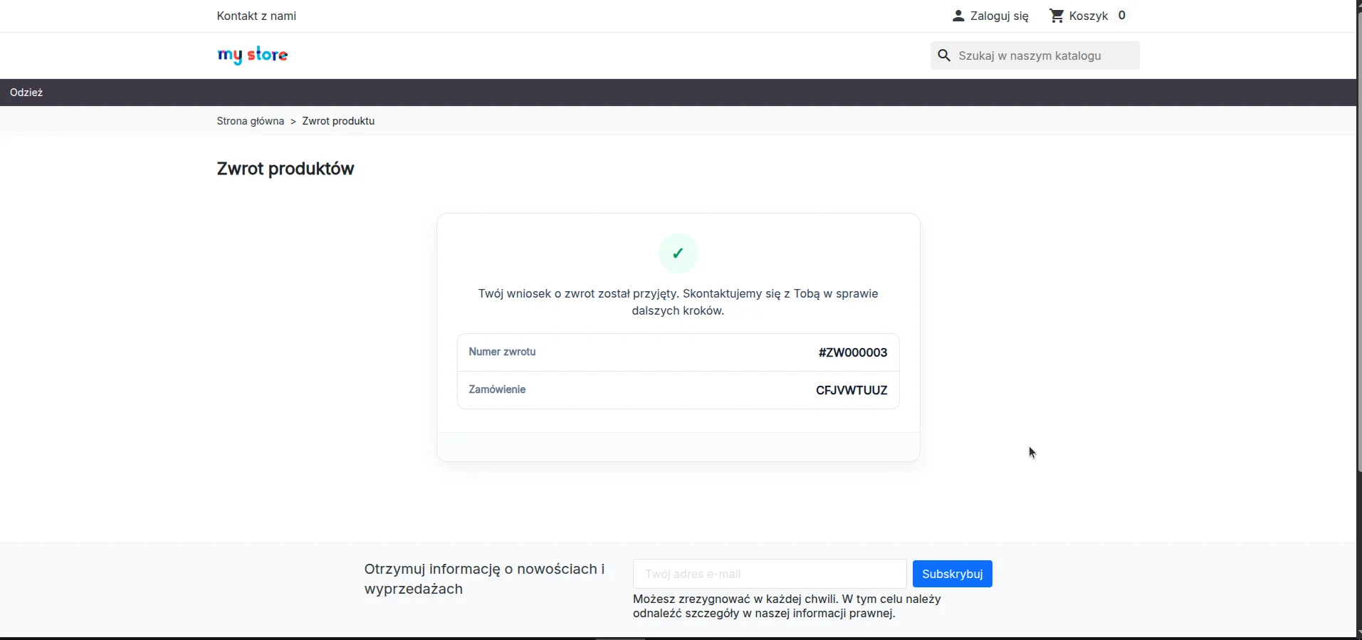 Screen z naszego modułu DC One Click Return: potwierdzenie wysłania wniosku